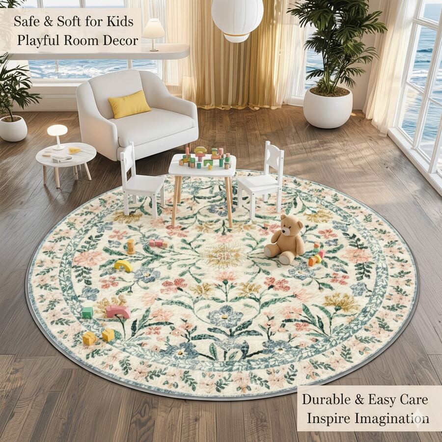 1 pièce Tapis rond pour enfants à motif floral, tapis de rampement mignon et doux, en matériau faux laine, tapis de salon, tapis de zone, tapis décoratif, lavable - Multicolore - Voir 1