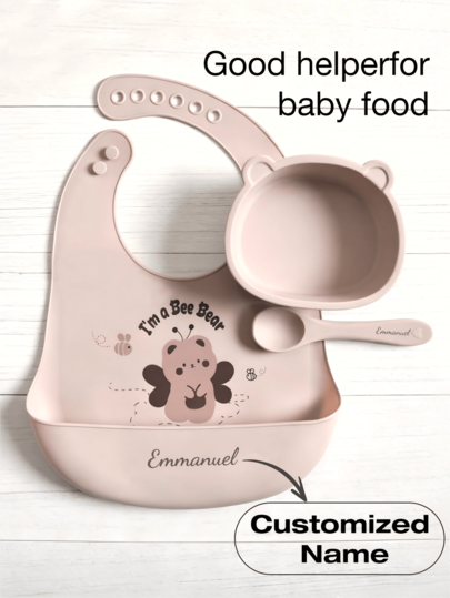 3pcs Baby Silicone Tableware Set, Customized Bib, Bowl, Spoon, Waterproof Anti-Dirty Anti-Drop, Cartoon Animal Design, Feeding Supplies, Personalized Gift For Baby Boys And Girls, Suitable For All Seasons