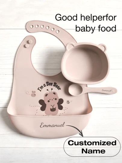 3pcs Baby Silicone Tableware Set, Customized Bib, Bowl, Spoon, Waterproof Anti-Dirty Anti-Drop, Cartoon Animal Design, Feeding Supplies, Personalized Gift For Baby Boys And Girls, Suitable For All Seasons
