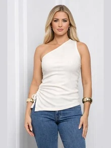 Women's Draped Blouse, Asymmetrical, One Shoulder, Ribbed Knit, Cotton, Double Lining, Elegant, Casual - màu đen - Xem 4