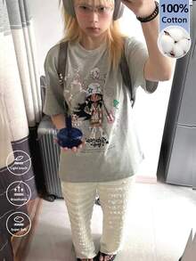 女士超大款印花T恤，Y2K可爱卡通女孩与星星印花，日系原宿街头风宽松T恤，落肩设计，充满美感，休闲夏季衬衫 - 淺花灰 - 查看 3