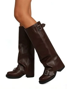 Women's Knee High Boots Foldover Boots Slouch Style Biker Boots Double Buckle Fold Down Fashion Boots For Daily Outfits - Brown - View 5