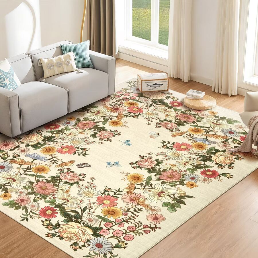 1 pieza Alfombra rectangular vintage con diseño de mariposa floral, estilo pastoral europeo, decoración para sala de estar, adecuada para montaje de fiestas, mejora el estilo del hogar, decoración esencial para añadir encanto festivo, aplicable a dormitorio, sala de estar, comedor, baño y entrada, adecuada para sala de estar, dormitorio, entrada, cocina, estudio, baño y otras alfombras decorativas, decoración de dormitorio, alfombra decorativa