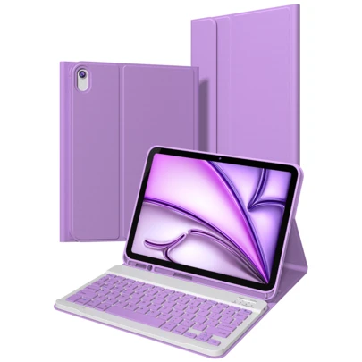 这款键盘保护套兼容 iPad (A16) 第 11 代、第 10 代、第 7/8/9 代，iPad Air 第 4/5 代/(M2) 2024/(M3) 2025，以及 iPad Pro 11 英寸（2018/2020/2021/2022 款）。它采用 PU 皮革材质，配备可拆卸无线键盘、150mAh 电池和内置 Apple Pencil 收纳槽。颜色为浅紫色。