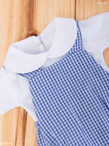 Baby Clothes Set: Gingham Checkered Overalls, 100% Cotton Suedine, Luxury Baby Boy/Girl Romper, Boy Collar, 1 To 9 Months - 藍色 - 查看 5