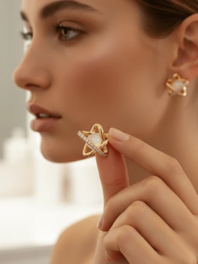 1Pair Stud Earrings Women Party Dating Valentine's Day Hollow Star Rhinestone Faux Opal Celestial Gold