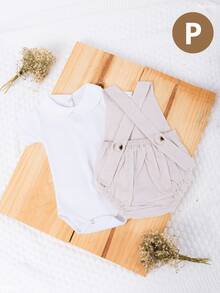 Baby Clothes Set: Gingham Checkered Overalls, 100% Cotton Suedine, Luxury Baby Boy/Girl Romper, Boy Collar, 1 To 9 Months - 米色 - 查看 9