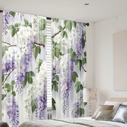 2 eleganckie, klasyczne zasłony wiosenne z fioletowymi kwiatami glicynii i zielonymi liśćmi – półprzezroczyste, z poliestru nadającego się do prania w pralce, odpowiednie do sypialni, salonu, gabinetu, balkonu, biura, dekoracji w akademiku (bez drążków), zasłony do salonu