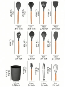 12pcs/Set Multipurpose Wooden Handle Kitchen Tools, Suitable For Non-Stick Cookware, Including Spatula, Spoon, Storage Bin, Etc. - Black - View 2