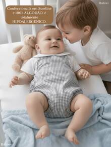 Baby Clothes Set: Gingham Checkered Overalls, 100% Cotton Suedine, Luxury Baby Boy/Girl Romper, Boy Collar, 1 To 9 Months - Xám - Xem 2