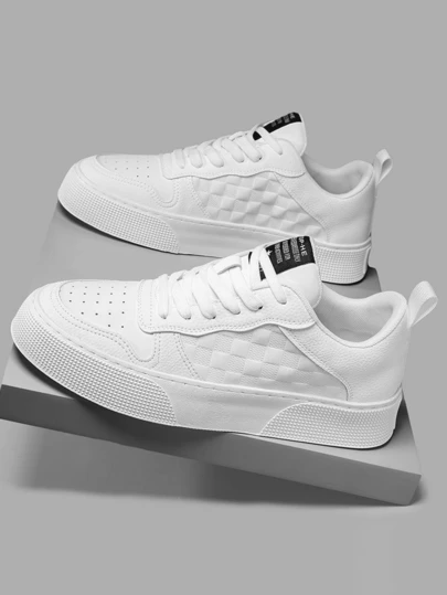 Zapatillas Casuales Deportivas para Hombre Suela Gruesa Transpirables con Diseño de Patrón Cuadriculado y Cordones, Disponibles en Color Blanco y Combinado Blanco-Negro, de Moda Casual Ideales para Estudiantes y Uso Diario