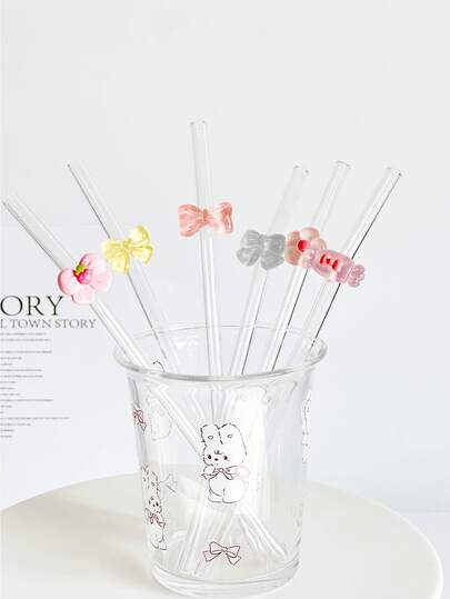 Cute Cartoon Bow Tie Series Glass Straws, Transparent Smoothie, Milk Tea, Juice, Milk, Cocktail, Cold Drink Party Cute Cartoon Bow Tie, Candy, Small Flower Bent Glass Straws, Reusable