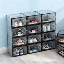 6/12/24-Pack Shoe Storage Boxes, Transparent Plastic Stackable Shoe Cabinet Organizer, Space-Saving Folding Athletic Shoe Container Rack - 黑色 - 查看 13