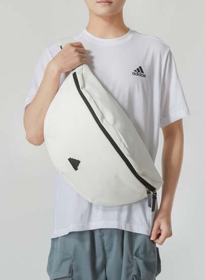  Adidas Brand Logo Zipper Canvas Crossbody Bag, Waist Bag, Unisex, White