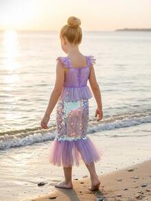 Young Girl Sparkly Fish Tail Cap Sleeve Mesh Dress With Ruffle Trim, Ideal For Performances, Parties & Evening Events - Purple - View 7