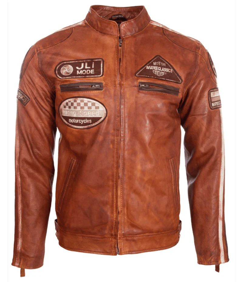 AVIATRIX Men Real Leather Racing Biker Jacket CXUS - Brown - View 1