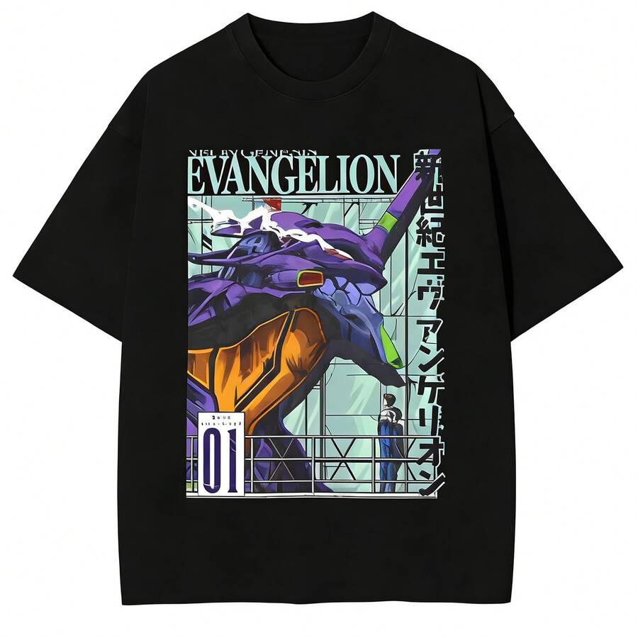 E-EVA Manga Streetwear Short Sleeve Tees Men Women Washed Cotton T Shirt Neon Genesis Anime Evangelions Hip Hop T-Shirt - 黑色 - 查看 1