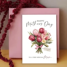 1张梦幻郁金香母亲节/生日爱心贺卡 - “母亲节快乐”，粉色和黄色郁金香图案，可定制“我爱你”信息，送给妈妈的完美礼物，生日及特殊场合适用，母亲节贺卡 | 梦幻设计 | 优雅字体，母亲节礼物 - 套裝 - 查看 5