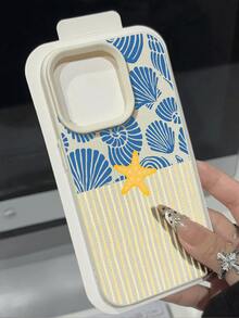 1pc Fresh Summer Seaside Shell & Starfish Striped Pattern Litchi Texture Waterproof Shockproof Anti-Slip Soft Phone Case, Suitable As Birthday/Holiday Gift For Friends, Family, Couples, Compatible With Apple/ Phone Models - Multicolor - View 2