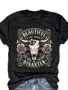 1pc Women's Summer Short Sleeve Blouse - Round Neck Casual T-Shirt,BEAUTIFUL DISASTER Graphic Tee With Bull Skull And RosesRound Neck Casual T-Shirt, Lightweight Breathable Top, Spring Summer Fall Casual Attire, Short Sleeve Blouse For Layering - Hand Washable & Dry Cleanable - 黑與白 - 查看 1