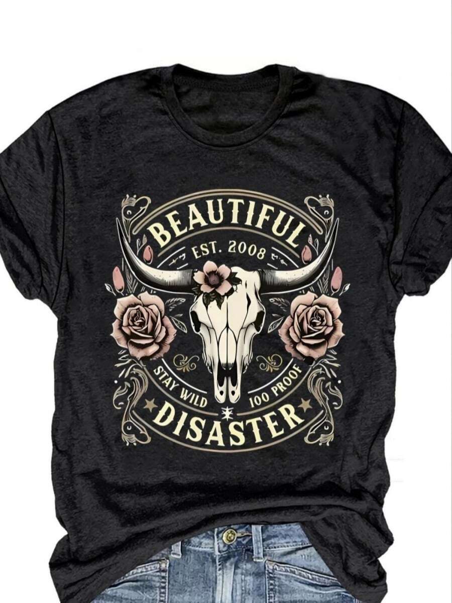 1pc Women's Summer Short Sleeve Blouse - Round Neck Casual T-Shirt,BEAUTIFUL DISASTER Graphic Tee With Bull Skull And RosesRound Neck Casual T-Shirt, Lightweight Breathable Top, Spring Summer Fall Casual Attire, Short Sleeve Blouse For Layering - Hand Washable & Dry Cleanable - 黑與白 - 查看 1