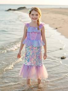 Young Girl Sparkly Fish Tail Cap Sleeve Mesh Dress With Ruffle Trim, Ideal For Performances, Parties & Evening Events - Purple - View 5