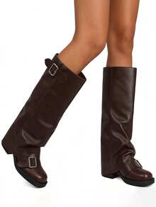 Women's Knee High Boots Foldover Boots Slouch Style Biker Boots Double Buckle Fold Down Fashion Boots For Daily Outfits - Brown - View 3