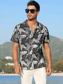 Men's Hawaiian Flower Shirt With Cotton Button Tropical Holiday Beach Short Sleeve Shirt - 樹葉黑 - 查看 3