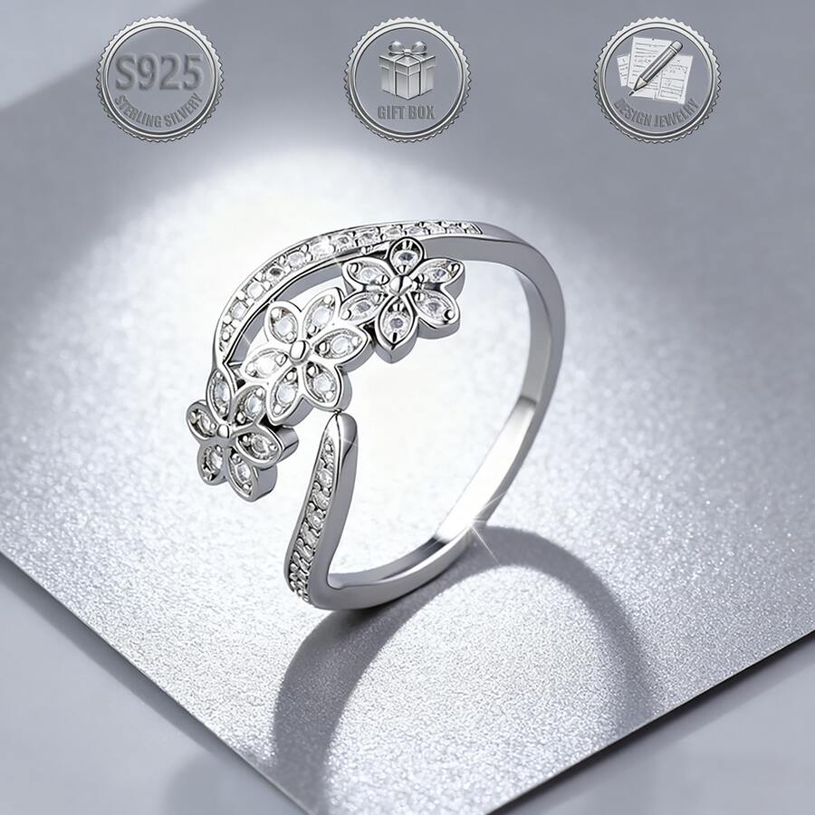 1 Peça Anel de Linha Floral com Zircônia Sintética de Prata Esterlina 925 Elegante e Luxuoso, Adequado para Uso Diário, Festa, Casamento e Encontros de Mulheres - Prata - Visão 1