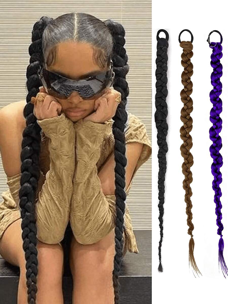 26 Inch Synthetic Braided Ponytail Wig, With Elastic Band Attached Long Braid, Made Of Natural Hair Fibers, Suitable For Women's Daily Wear - Multicolor - View 1