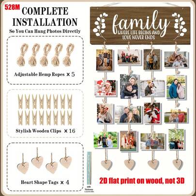 1 Set, Decorative Art Style Wooden Photo Frame | Eucalyptus Leaf Pattern Design, Comes With 16 Wooden Clips + Jute Rope, Hanging Multi-Functional | Personalized Home Memories, Ideal Gift For 11 Holidays Throughout The Year, No Electricity Required