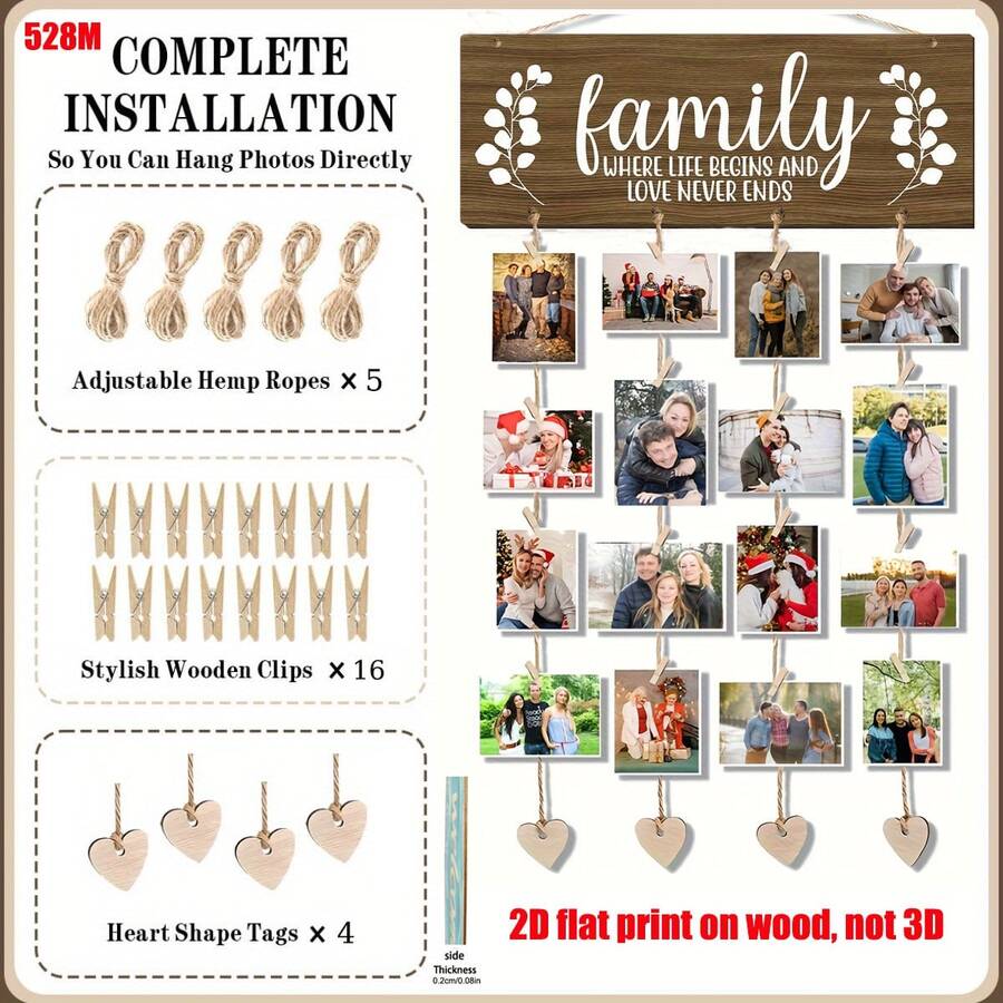1 Set, Decorative Art Style Wooden Photo Frame | Eucalyptus Leaf Pattern Design, Comes With 16 Wooden Clips + Jute Rope, Hanging Multi-Functional | Personalized Home Memories, Ideal Gift For 11 Holidays Throughout The Year, No Electricity Required - Multicolor - View 1