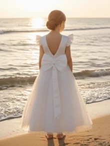 Vestido de princesa de manga de campana, espalda descubierta, con detalles de perlas y lazo desmontable de tul, adecuado para adolescentes, damas de honor, baile de graduación y boda - Blanco - Ver 6