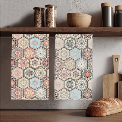 2pcs Bohemian Moroccan Style Hexagon Mandala Pattern Kitchen Towels, Soft Polyester Material Dish Cloths, Suitable For Kitchen Decor, Cleaning, Holiday Party Decoration, Kitchen & Bathroom Essentials, Home Decor, Housewarming Gift