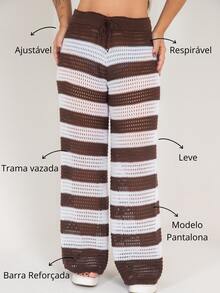 Striped Knit Pantaloons Beach Cover-Up Pants With Ties, Summer Fashion - 深棕色 - 查看 2