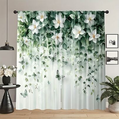 2片装彩色蝴蝶窗帘，蝴蝶花图案，杆袋式设计，保护隐私，适用于家居和卧室，兼具隐私和装饰功能，春季装饰窗帘