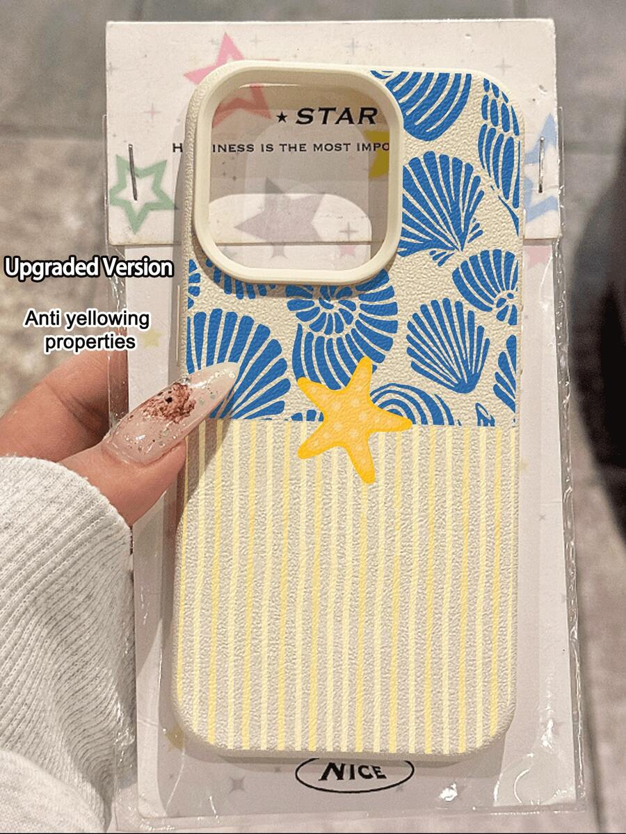 1pc Fresh Summer Seaside Shell & Starfish Striped Pattern Litchi Texture Waterproof Shockproof Anti-Slip Soft Phone Case, Suitable As Birthday/Holiday Gift For Friends, Family, Couples, Compatible With Apple/ Phone Models - Multicolor - View 1
