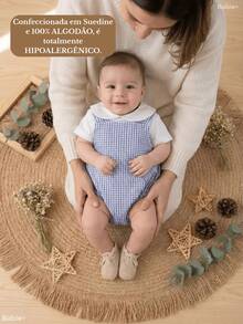 Baby Clothes Set: Gingham Checkered Overalls, 100% Cotton Suedine, Luxury Baby Boy/Girl Romper, Boy Collar, 1 To 9 Months - 藍色 - 查看 2