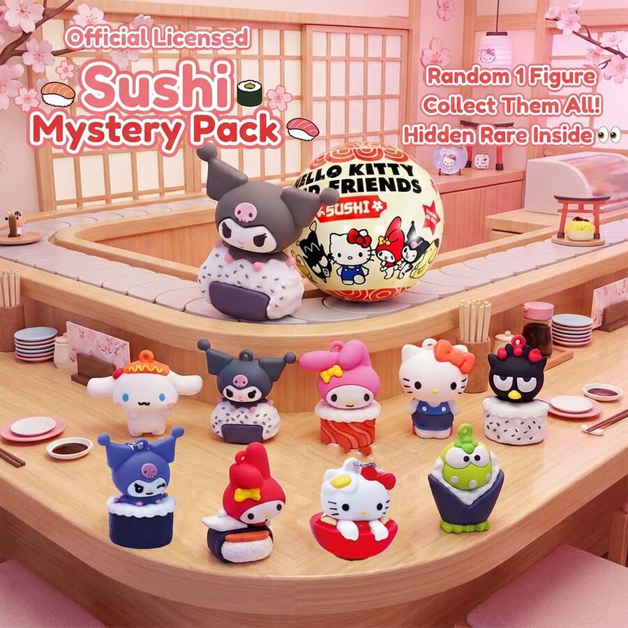 SANRIO Hello Kitty 和朋友们寿司神秘礼盒 - 官方授权盲盒迷你人偶 - 可爱桌面摆件收藏玩具礼品 - 黃色 - 查看 1
