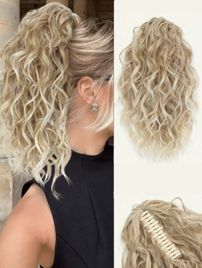 14 Inch Curly Ponytail Hair Clip Wig Extension, 14 Inch Claw Shaped Ponytail Wig Piece, Brown Mixed Platinum Gold High Ponytail Hair Clip, Polyester Fiber Material, Suitable For Women