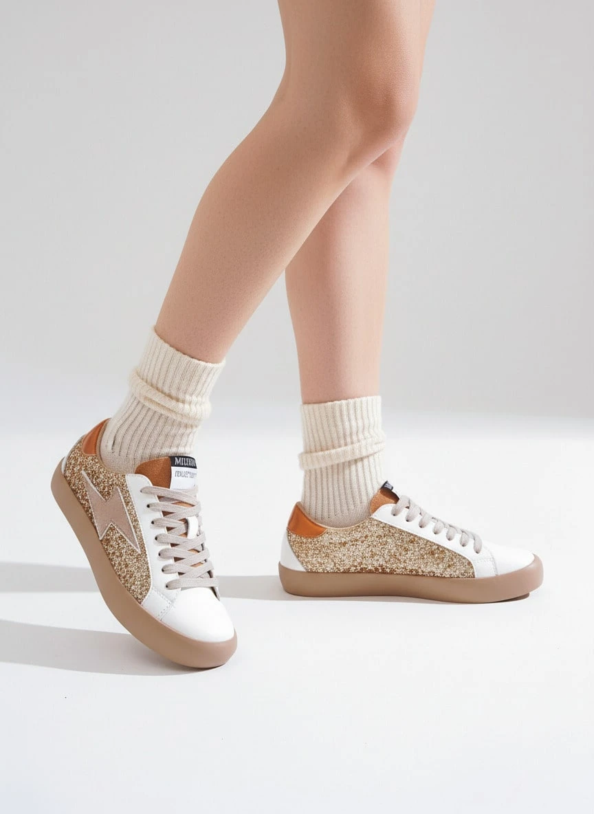 Women's Glitter Sneakers With Side Stripe – Comfortable Casual Fashion Everyday Glitter Sneakers - Gold - View 1