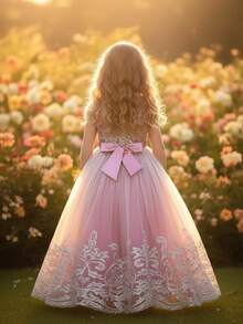 青少年女孩高端刺绣亮片无袖花童婚纱，蓬松生日婚礼派对公主礼服 - 藕粉色 - 查看 7