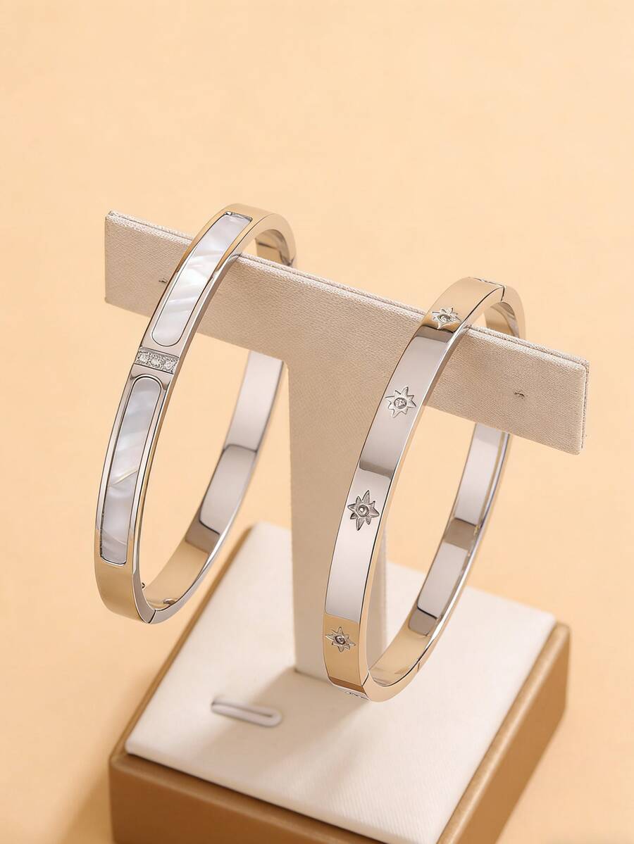 VceTd 2 Buah Gelang Stainless Steel Gaya Bisnis Minimalis dengan Dekorasi Kaca, Cocok untuk Busana Wanita Saat Berpergian atau Sebagai Hadiah untuk Sahabat Terbaik - Perak - View 1