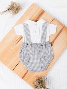 Baby Clothes Set: Gingham Checkered Overalls, 100% Cotton Suedine, Luxury Baby Boy/Girl Romper, Boy Collar, 1 To 9 Months - Xám - Xem 5
