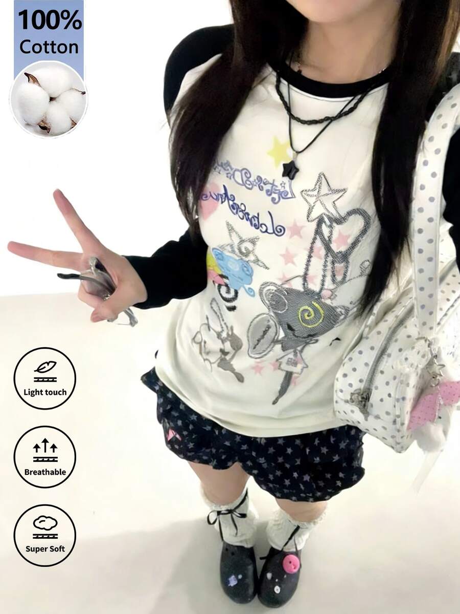 Y2K 复古涂鸦印花插肩袖T恤，休闲宽松长袖T恤，饰有可爱星星和爱心图案，女款 - 白色 - 查看 1