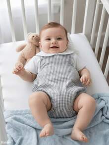 Baby Clothes Set: Gingham Checkered Overalls, 100% Cotton Suedine, Luxury Baby Boy/Girl Romper, Boy Collar, 1 To 9 Months - Xám - Xem 1