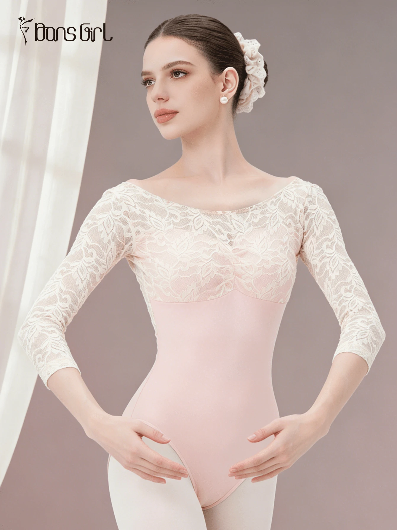 DonsGirl Women's One-Piece 3/4 Sleeve Lace Patchwork Ballet Leotard Performance Outfit Spring Sports - 淺粉色 - 查看 1