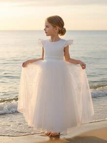 Vestido de princesa de manga de campana, espalda descubierta, con detalles de perlas y lazo desmontable de tul, adecuado para adolescentes, damas de honor, baile de graduación y boda - Blanco - Ver 3