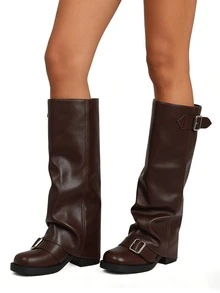 Women's Knee High Boots Foldover Boots Slouch Style Biker Boots Double Buckle Fold Down Fashion Boots For Daily Outfits - Brown - View 4
