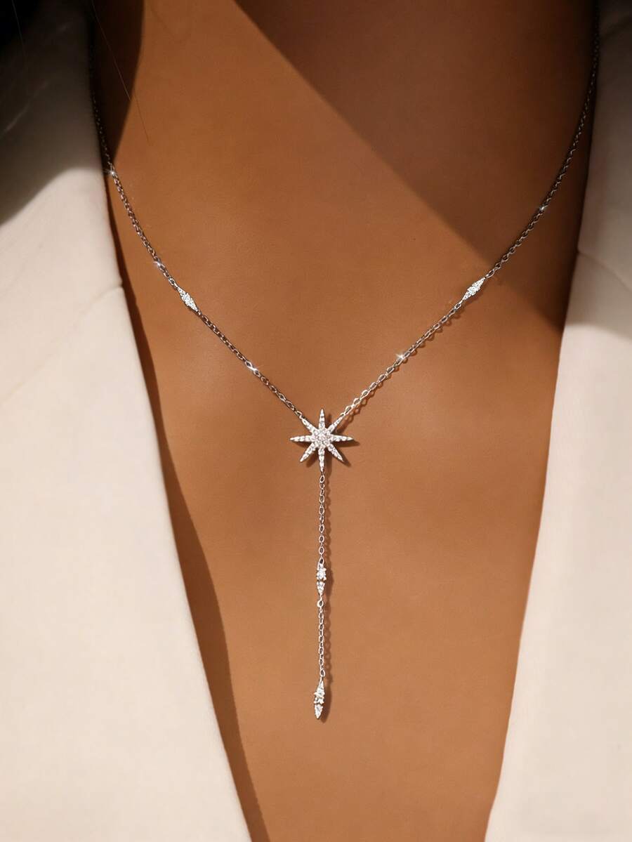 1 pieza Collar con colgante ovalado de plata esterlina S925 con circonita cúbica, collar con colgante de estrella octagonal de circonita sintética, regalo de joyería para mujeres, propuesta, boda, Día de San Valentín